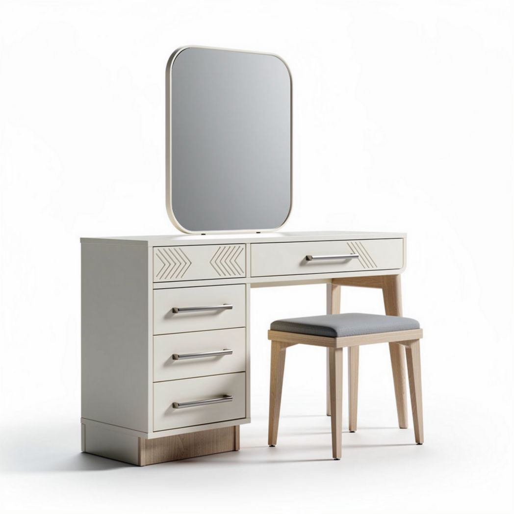 White wooden vanity set with mirror and stool for bedroom use 110 x 45 x 75cm