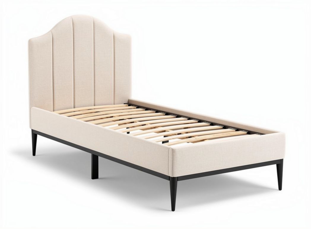 Upholstered twin bed frame in cream with wooden slats and black legs 210 x 100 x 90cm