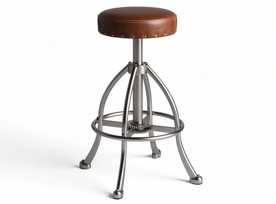 Metal adjustable bar stool with brown leather seat 40 x 40 x 75cm