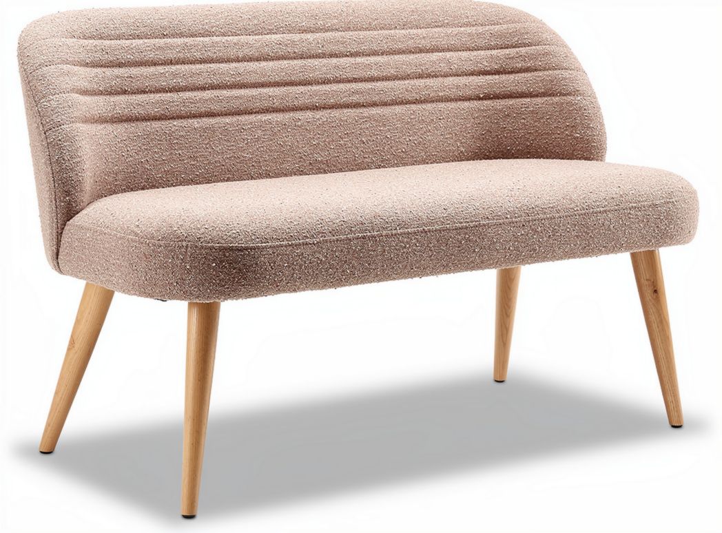 Upholstered pink loveseat with wooden legs for living room seating 150 x 70 x 80cm