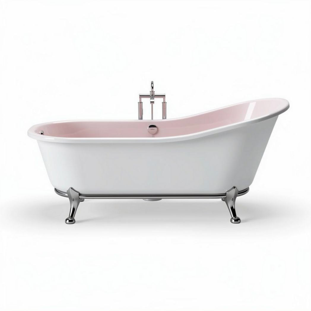 Freestanding acrylic bathtub with brushed nickel faucet and pink interior 70 x 30 x 24 inches