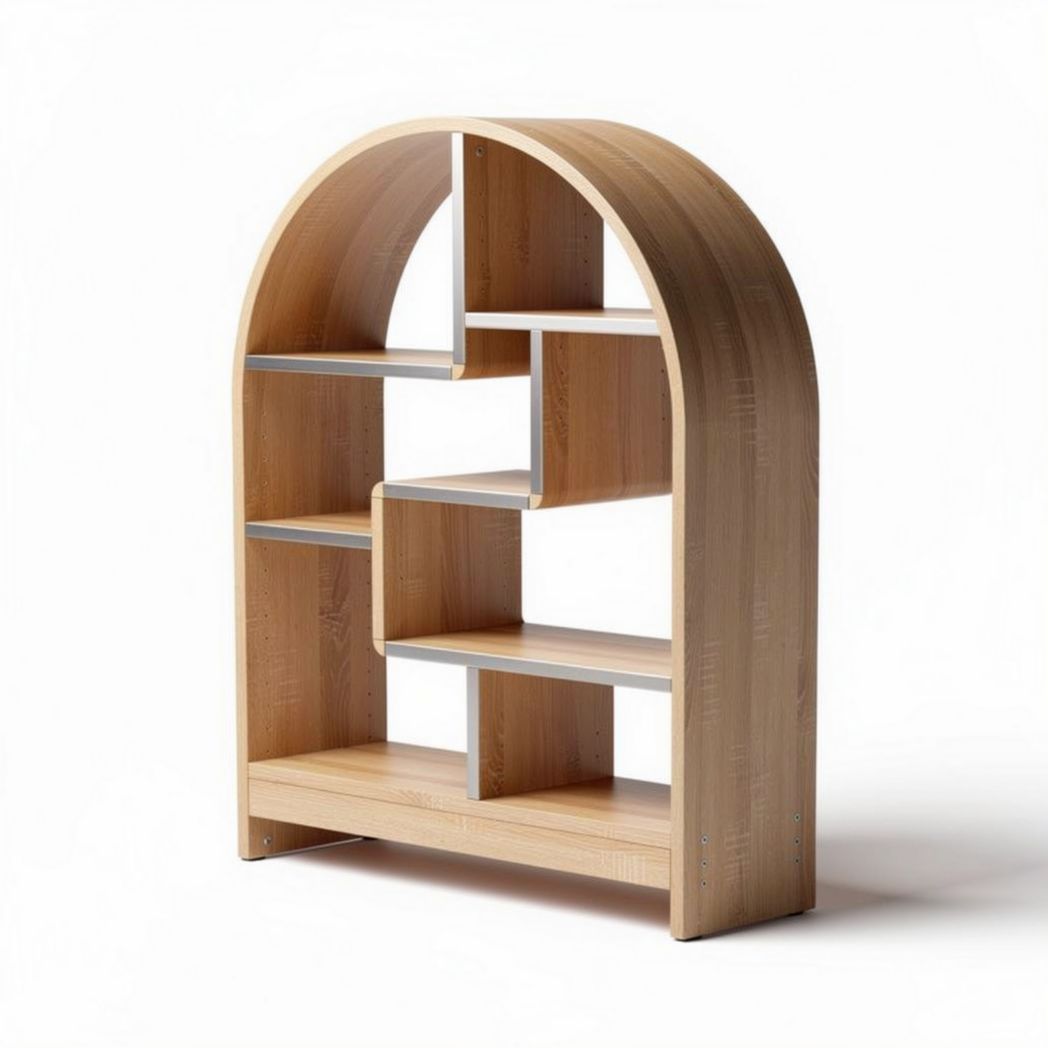 Wooden bookshelf with curved design and multi-level storage dimensions 80 x 30 x 120cm