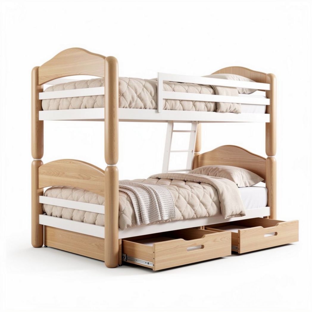 Bunk bed with wooden frame and storage drawers in natural finish 210 x 105 x 150cm