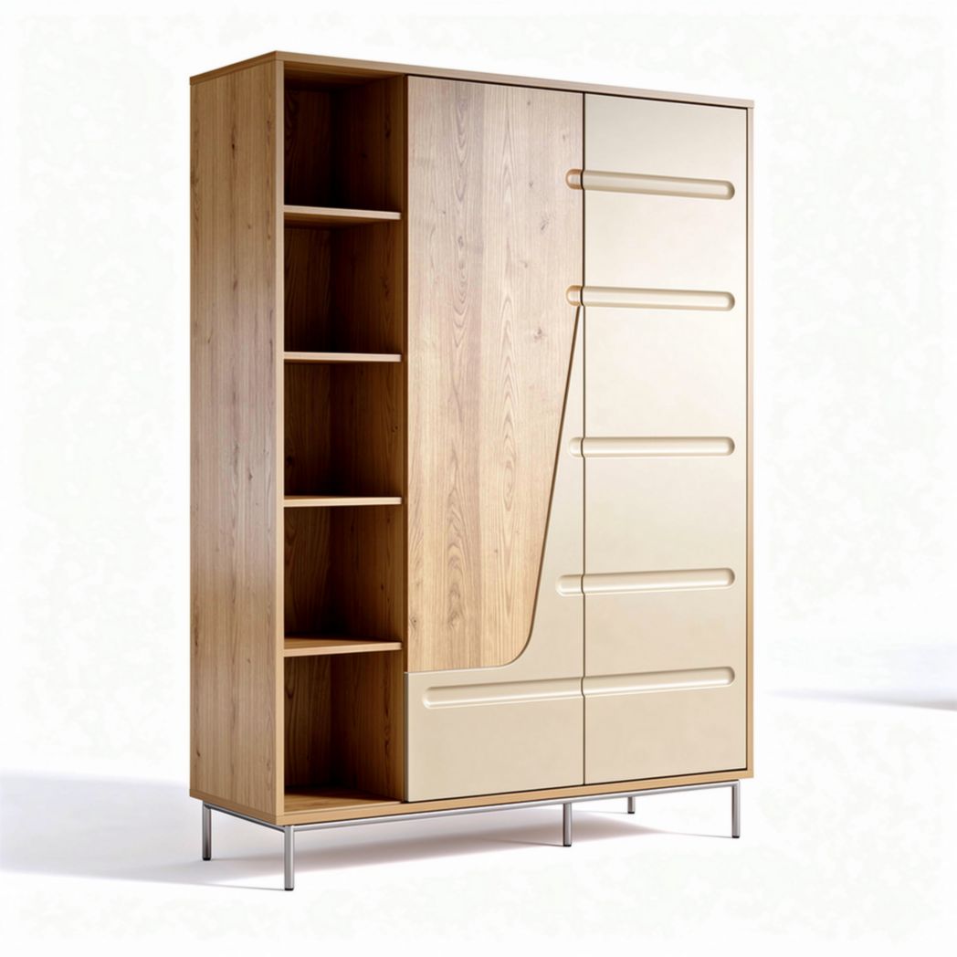 Modern wooden storage cupboard with cream doors and open shelving 180 x 100 x 40cm
