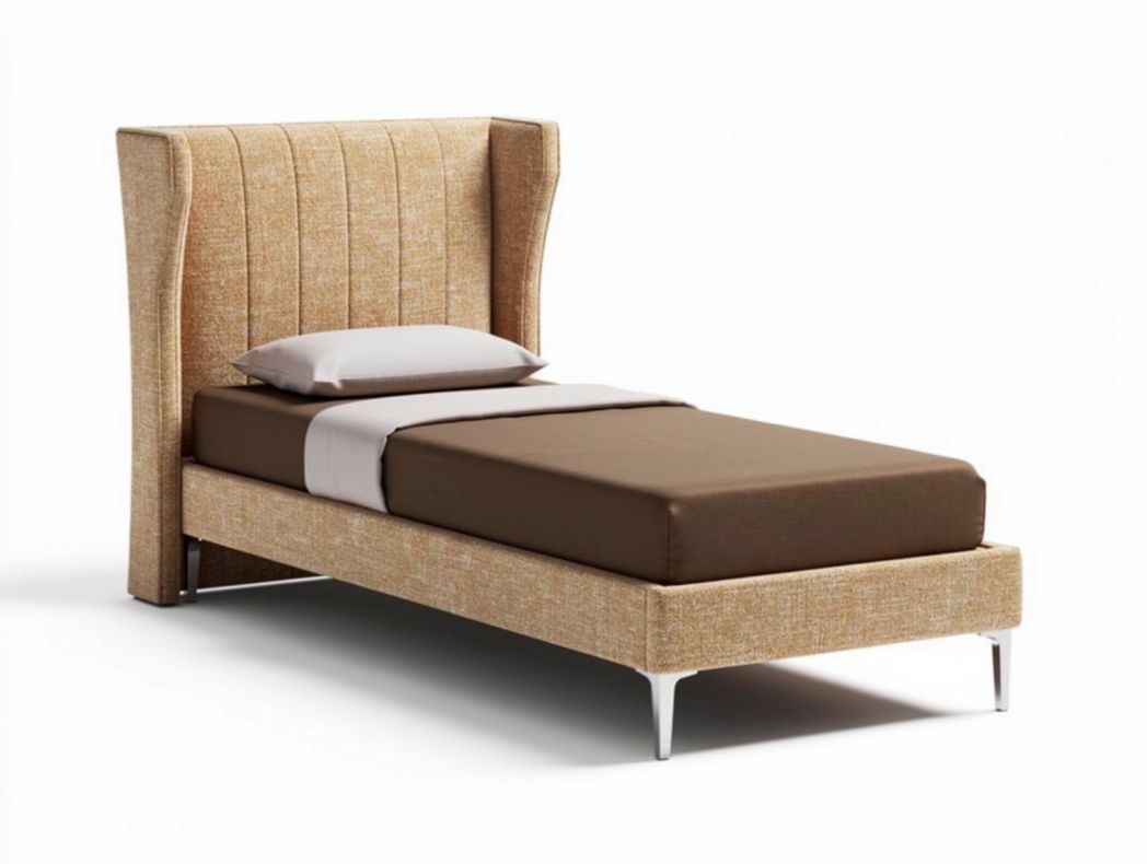 Upholstered single bed frame with tufted headboard in beige fabric