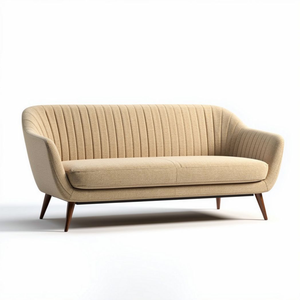 Beige upholstered three-seater sofa with tapered wooden legs 180 x 85 x 75cm